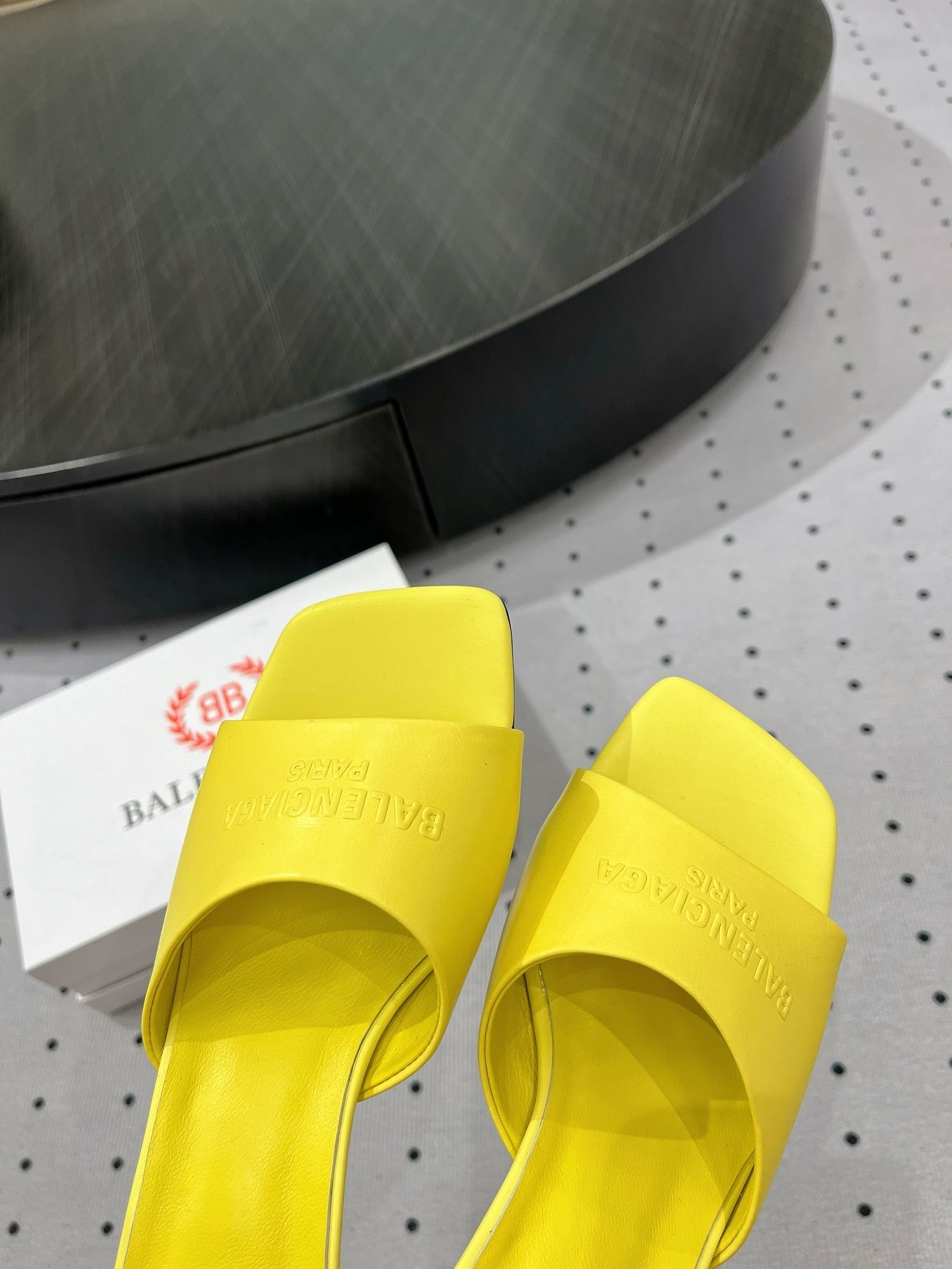 Balanciaga SQUARE-TOE MEDIUM HEEL MULES IN YELLOW CALFSKIN LOGO EMBOSSED