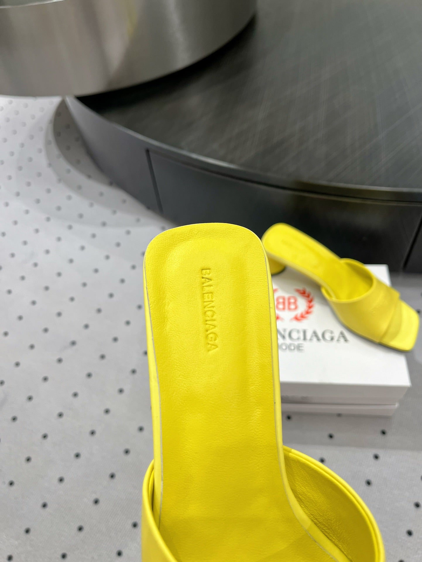 Balanciaga SQUARE-TOE MEDIUM HEEL MULES IN YELLOW CALFSKIN LOGO EMBOSSED