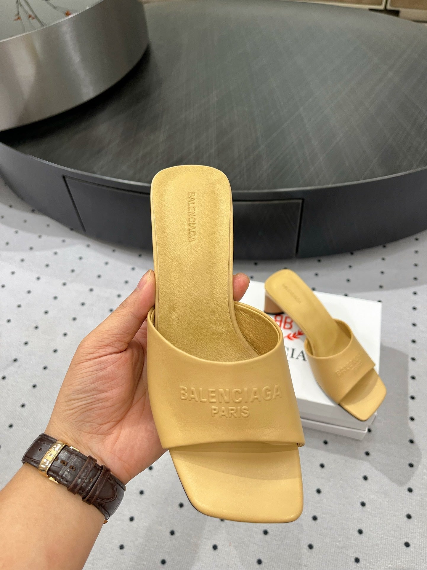 Balanciaga SQUARE-TOE MEDIUM HEEL MULES IN APACHE CALFSKIN LOGO EMBOSSED