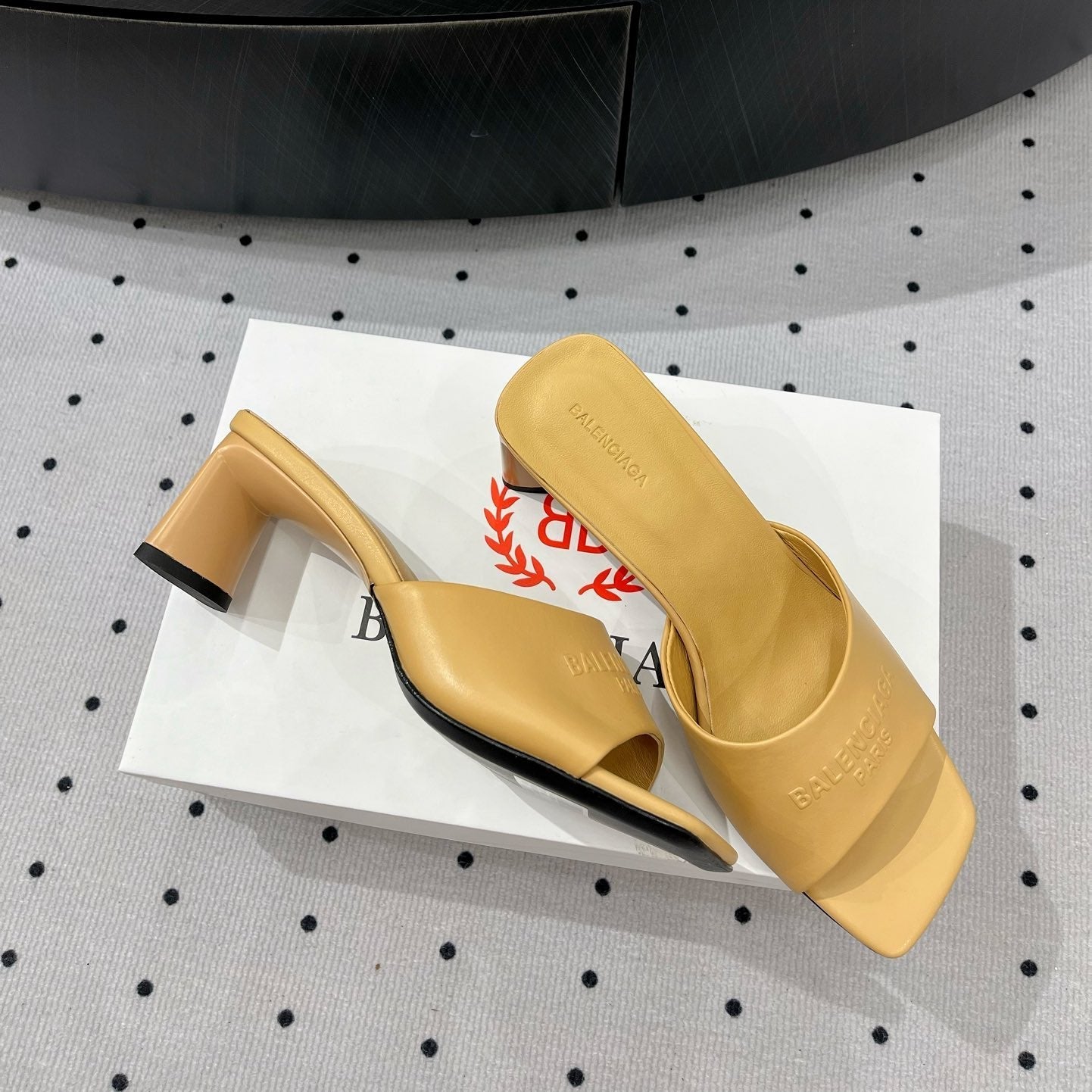 Balanciaga SQUARE-TOE MEDIUM HEEL MULES IN APACHE CALFSKIN LOGO EMBOSSED