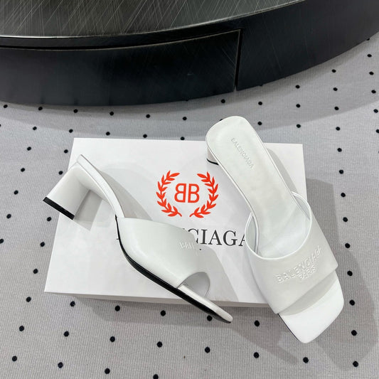 Balanciaga SQUARE-TOE MEDIUM HEEL MULES IN WHITE CALFSKIN LOGO EMBOSSED