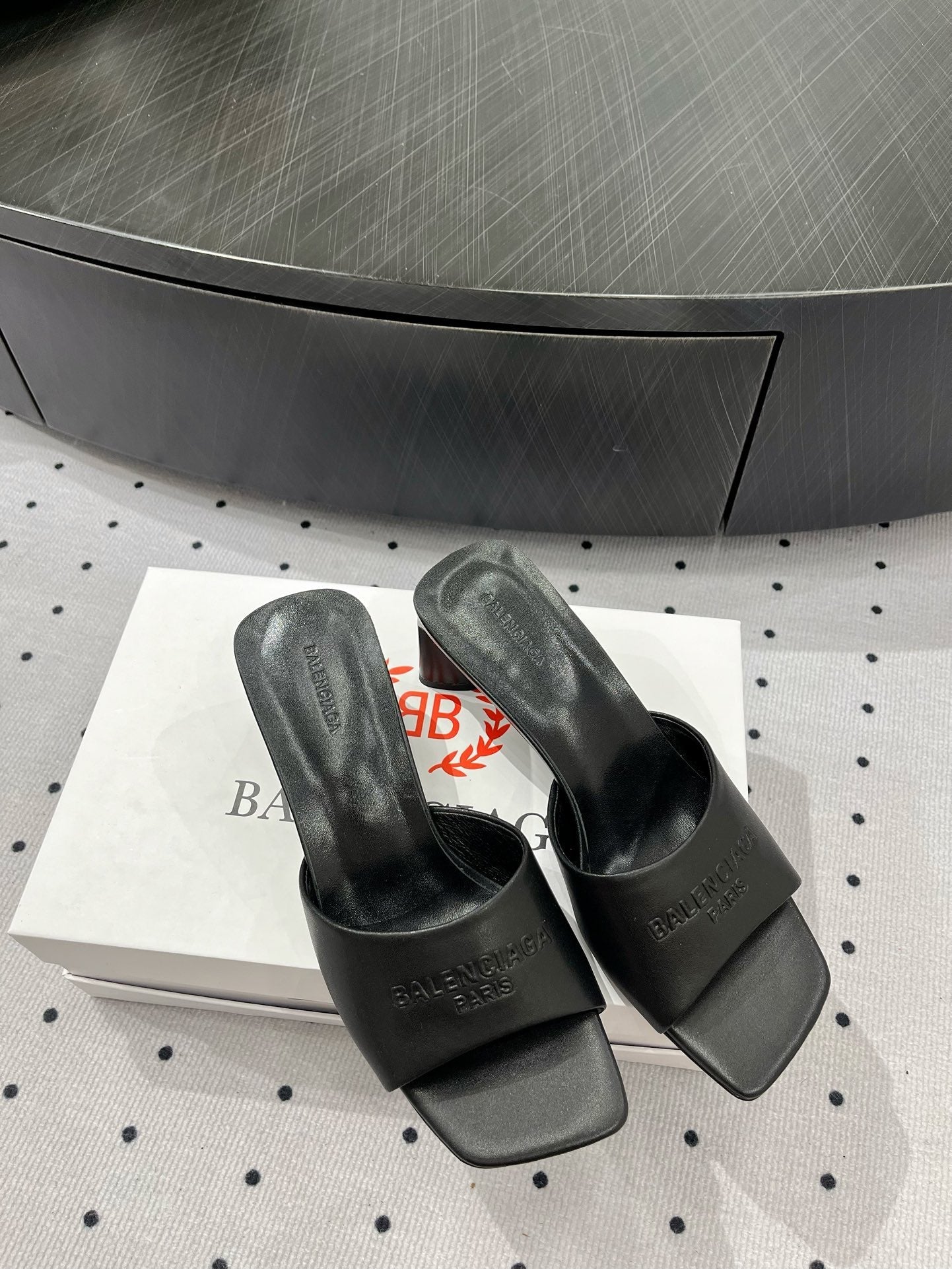 Balanciaga SQUARE-TOE MULES MEDIUM HEEL IN BLACK CALFSKIN LOGO EMBOSSED