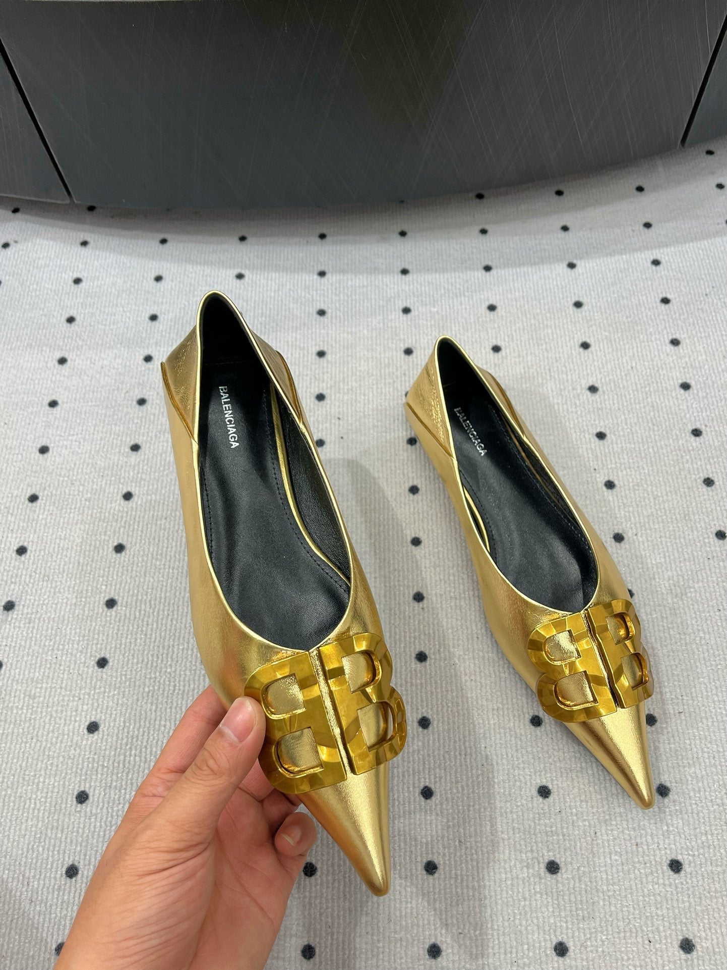 Balanciaga POINTED BB GOLD BUCKLE BALLET FLAT IN GOLD METALLIC SHINY CALFSKIN