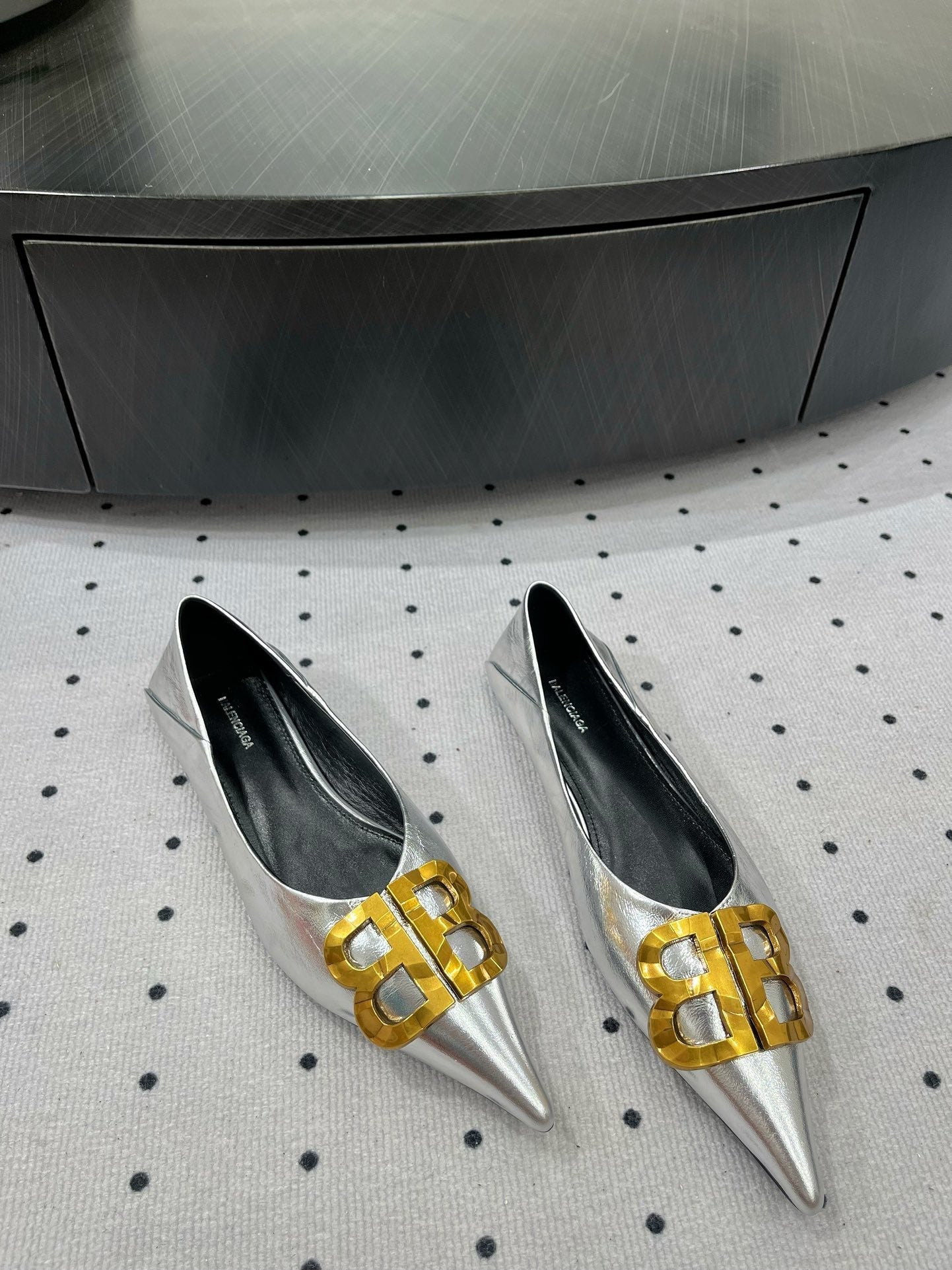 Balanciaga POINTED BB GOLD BUCKLE BALLET FLAT IN SILVER METALLIC SHINY CALFSKIN