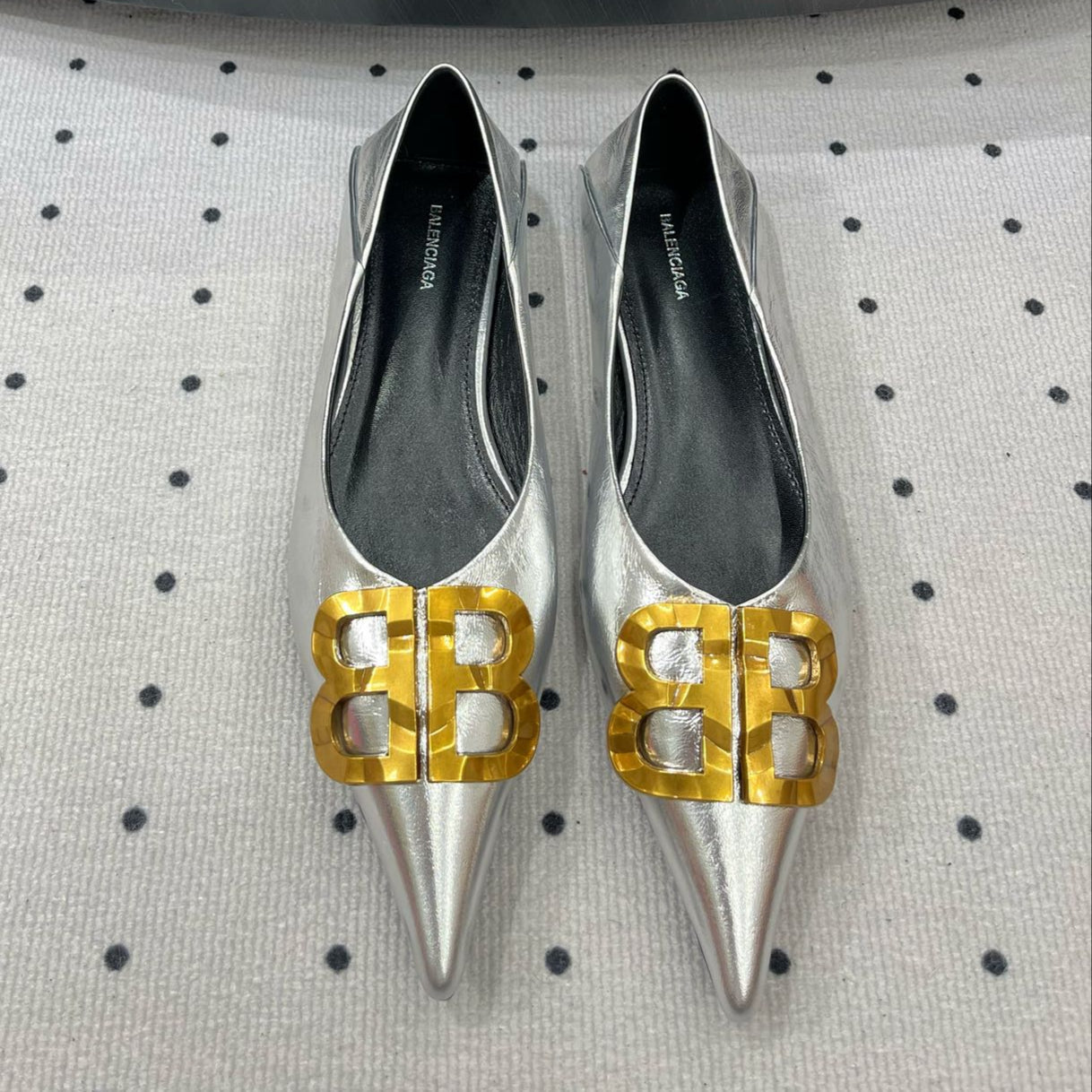 Balanciaga POINTED BB GOLD BUCKLE BALLET FLAT IN SILVER METALLIC SHINY CALFSKIN