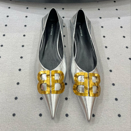 Balanciaga POINTED BB GOLD BUCKLE BALLET FLAT IN SILVER METALLIC SHINY CALFSKIN