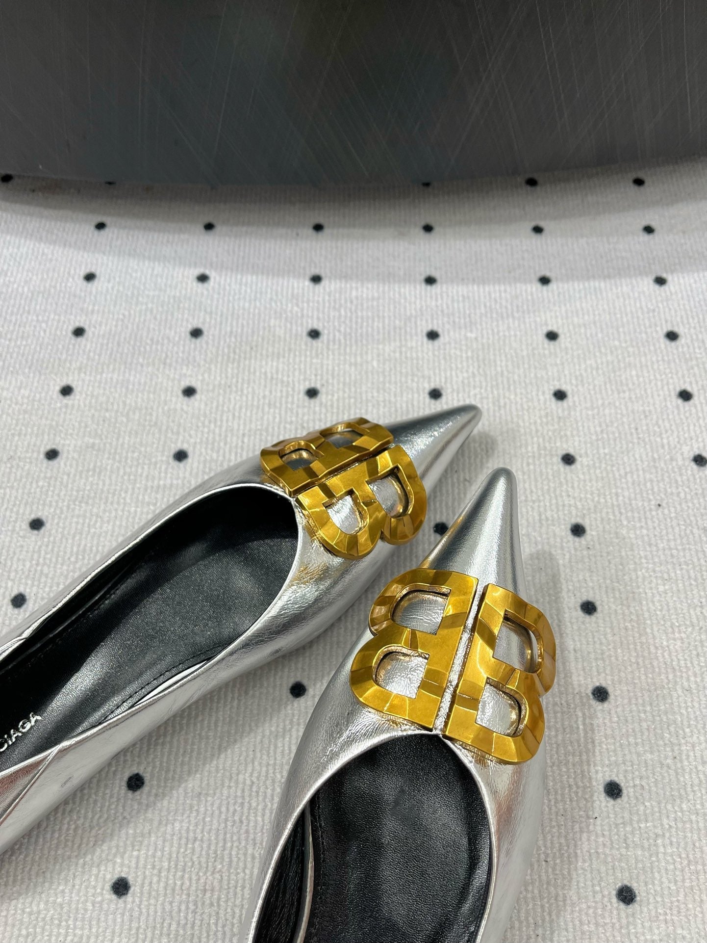 Balanciaga POINTED BB GOLD BUCKLE BALLET FLAT IN SILVER METALLIC SHINY CALFSKIN