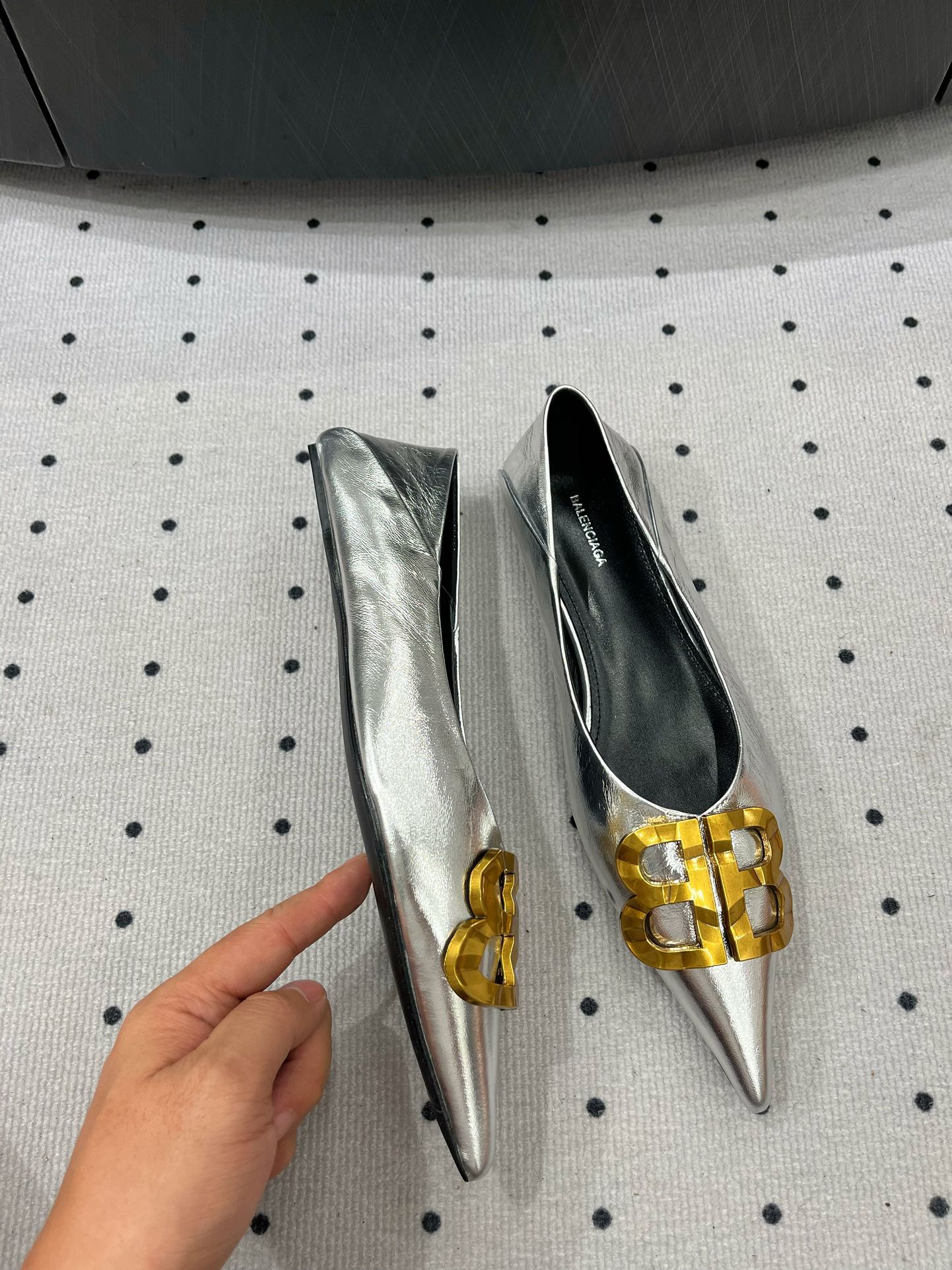 Balanciaga POINTED BB GOLD BUCKLE BALLET FLAT IN SILVER METALLIC SHINY CALFSKIN