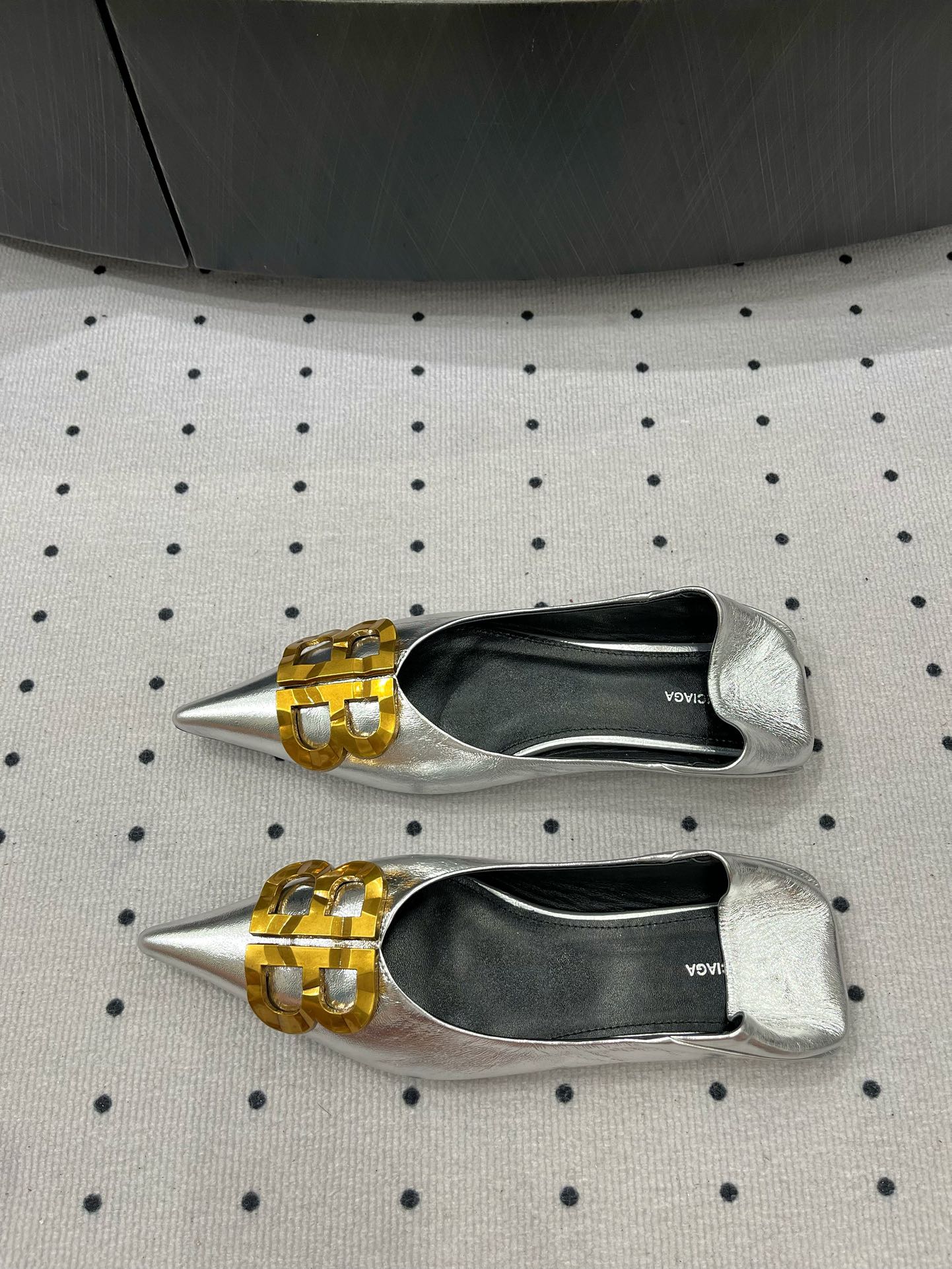 Balanciaga POINTED BB GOLD BUCKLE BALLET FLAT IN SILVER METALLIC SHINY CALFSKIN