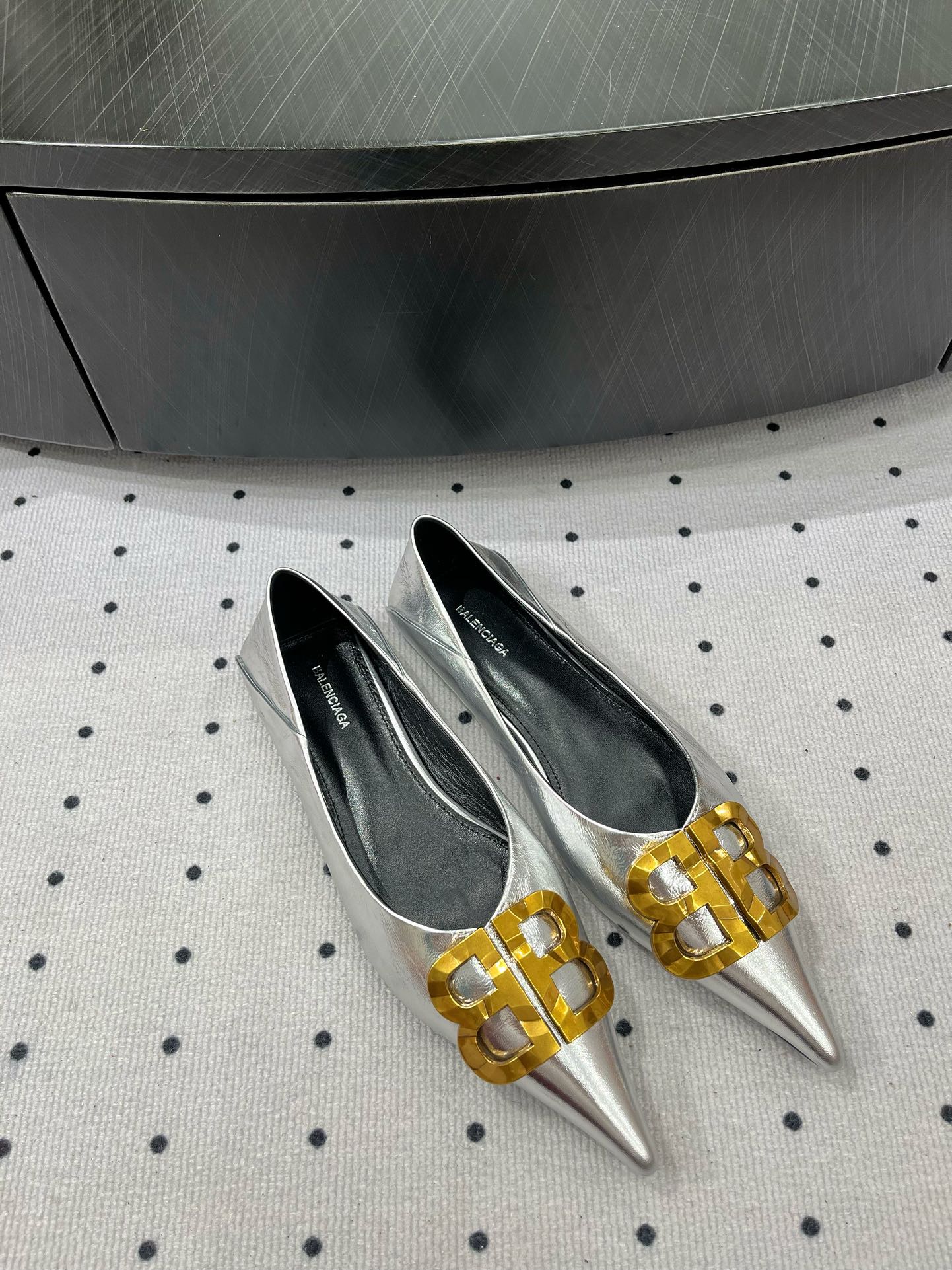 Balanciaga POINTED BB GOLD BUCKLE BALLET FLAT IN SILVER METALLIC SHINY CALFSKIN