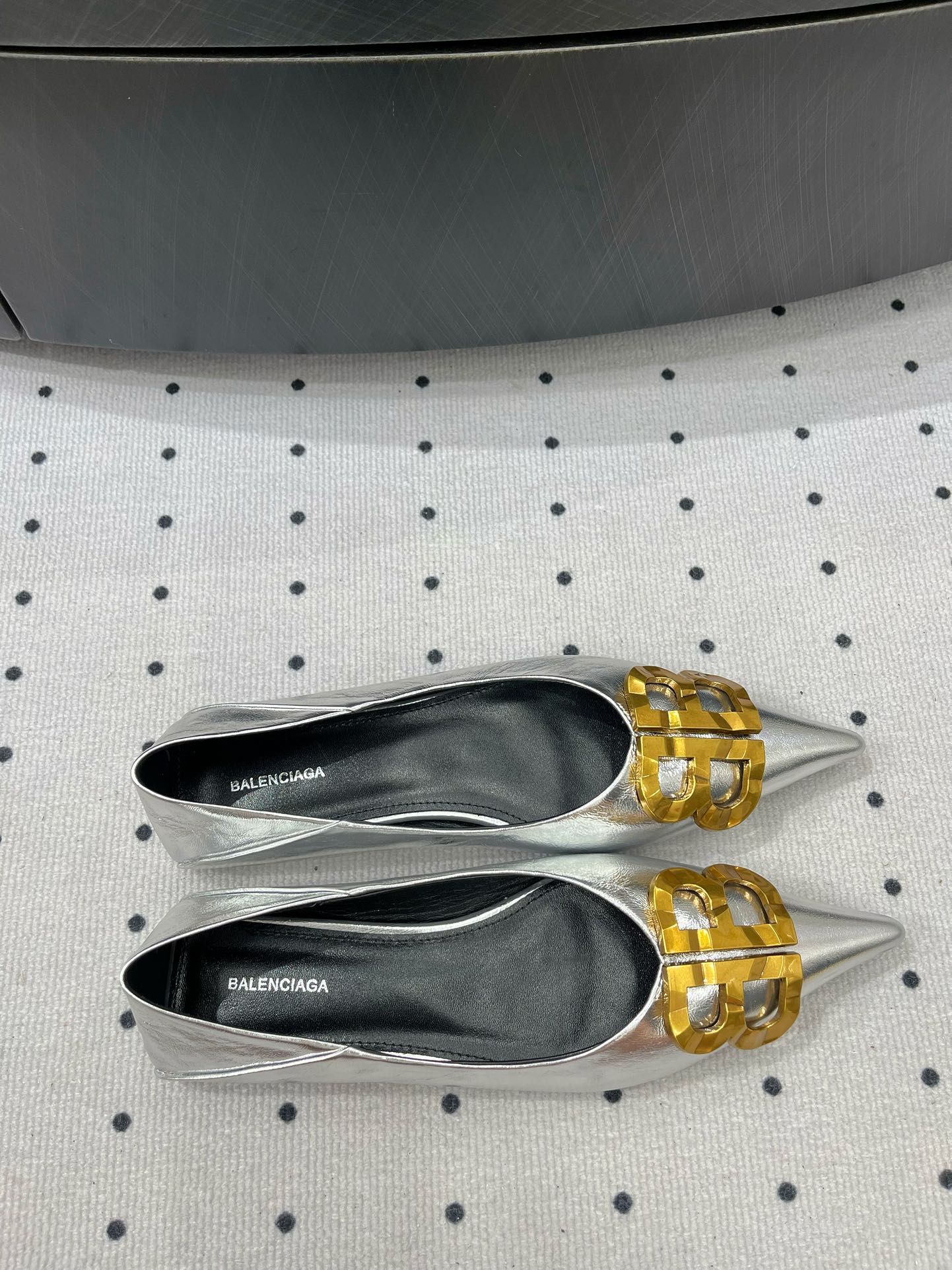 Balanciaga POINTED BB GOLD BUCKLE BALLET FLAT IN SILVER METALLIC SHINY CALFSKIN