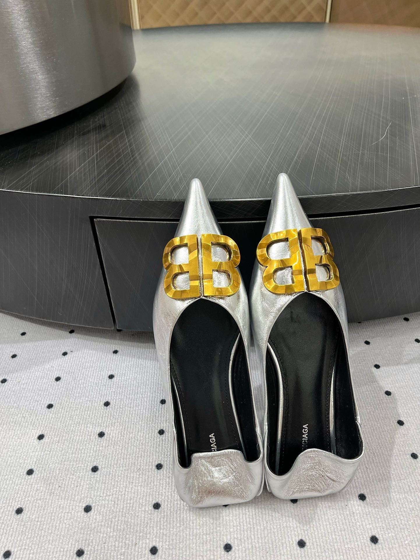 Balanciaga POINTED BB GOLD BUCKLE BALLET FLAT IN SILVER METALLIC SHINY CALFSKIN