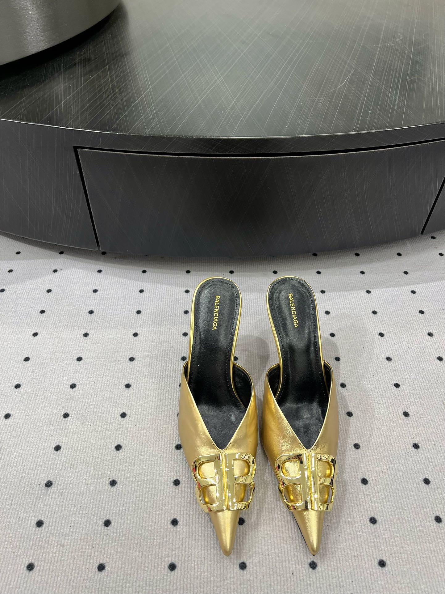 Balanciaga POINTED BB GOLD BUCKLE HEELED SLINGBACK IN GOLD METALLIC SHINY CALFSKIN