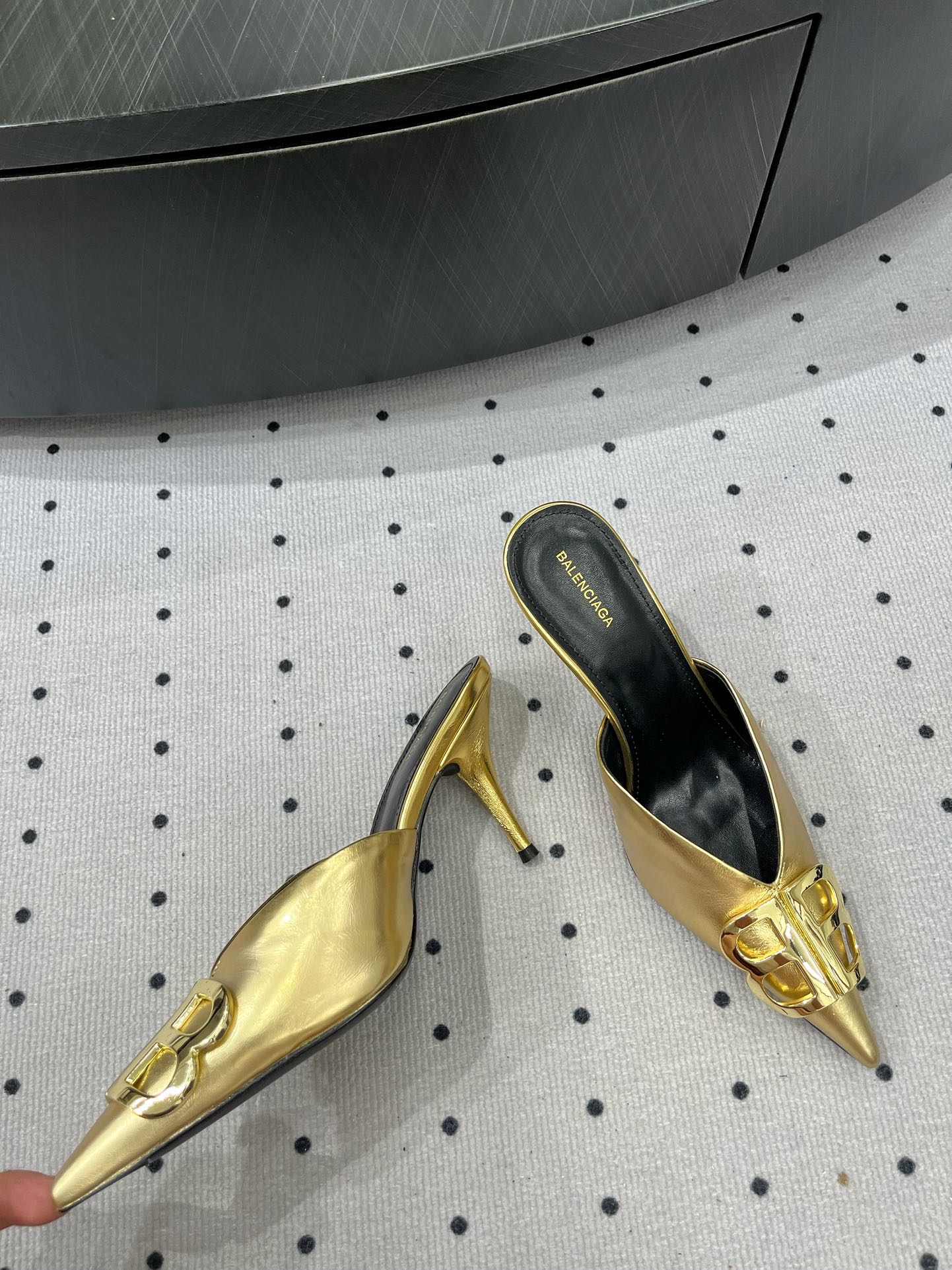 Balanciaga POINTED BB GOLD BUCKLE HEELED SLINGBACK IN GOLD METALLIC SHINY CALFSKIN