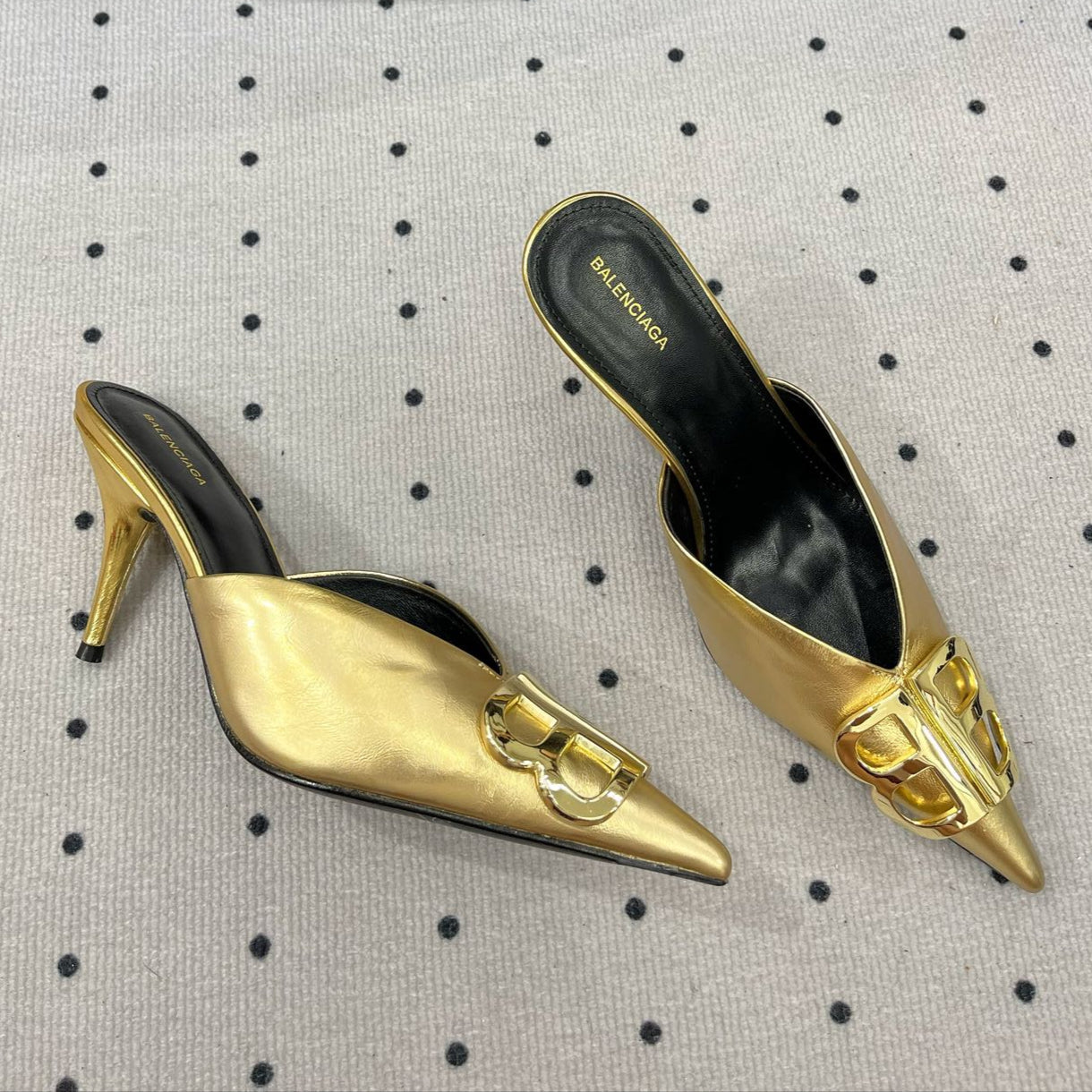 Balanciaga POINTED BB GOLD BUCKLE HEELED SLINGBACK IN GOLD METALLIC SHINY CALFSKIN