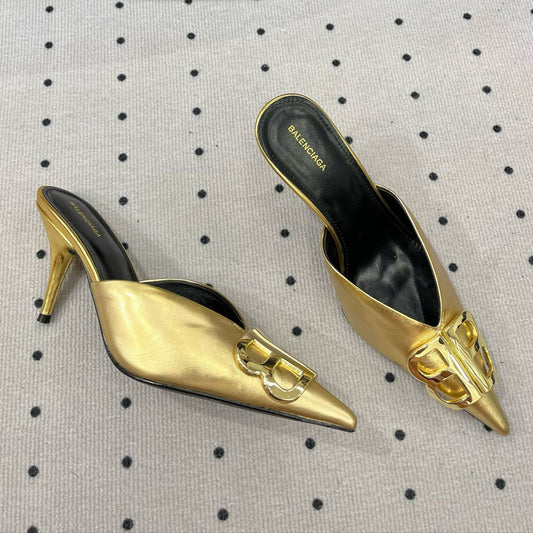 Balanciaga POINTED BB GOLD BUCKLE HEELED SLINGBACK IN GOLD METALLIC SHINY CALFSKIN
