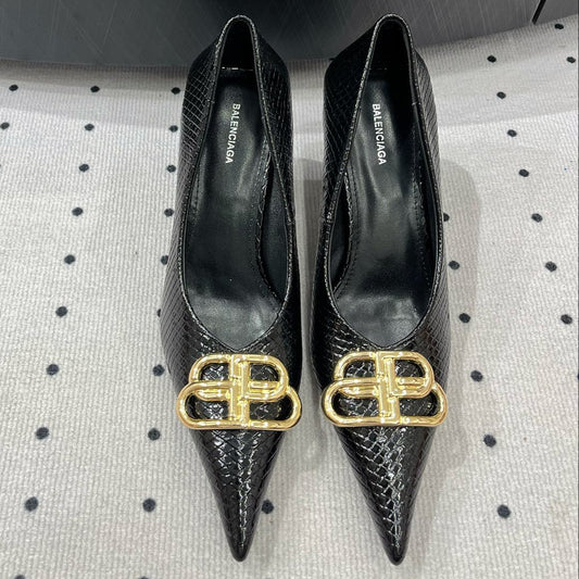 Balanciaga HEELED PUMPS 65 MM IN BLACK LIZARD PATTERN CALFSKIN GOLD HARDWARE