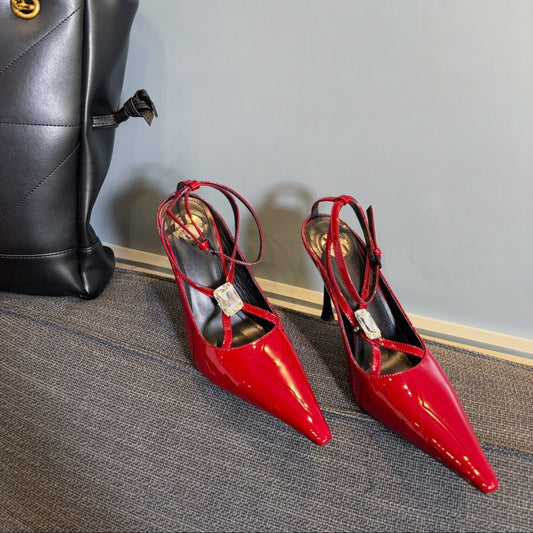 Saint Laurent HIGH SANDAL ATTACHED GEM IN RED GLOSSY CALFSKIN