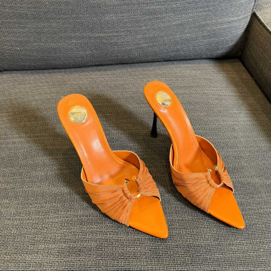 Saint Laurent LOLA HIGH MULES IN TANGELO ORANGE SMOOTH LAMBSKIN AND DRAPED JERSEY