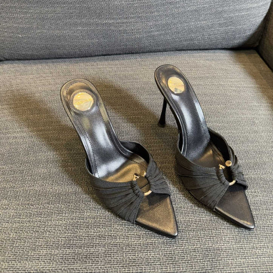 Saint Laurent LOLA HIGH MULES IN BLACK SMOOTH LAMBSKIN AND DRAPED JERSEY