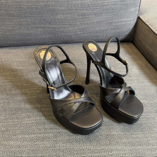 Saint Laurent DEBBIE PLATFORM SANDALS IN BLACK SMOOTH LAMBSKIN