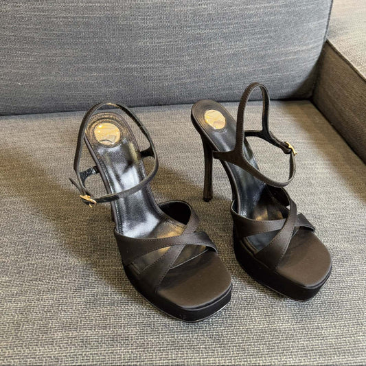 Saint Laurent DEBBIE PLATFORM SANDALS IN BLACK SATIN