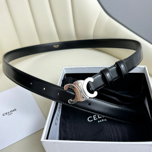 Celine SMALL TRIOMPHE BELT 18 MM BLACK LEATHER SILVER HARDWARE