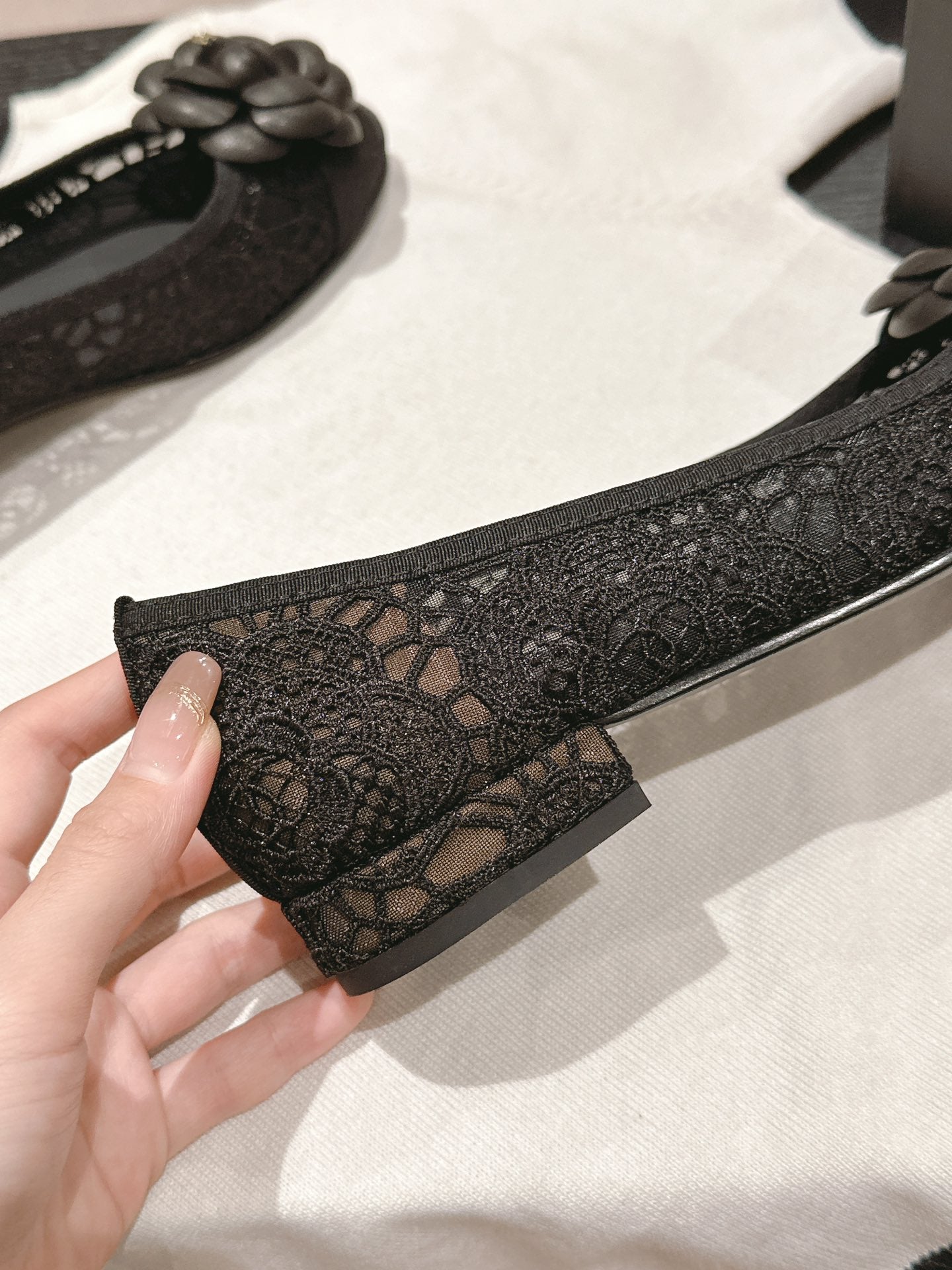 CHANEL ballet flat flower black lace fabric