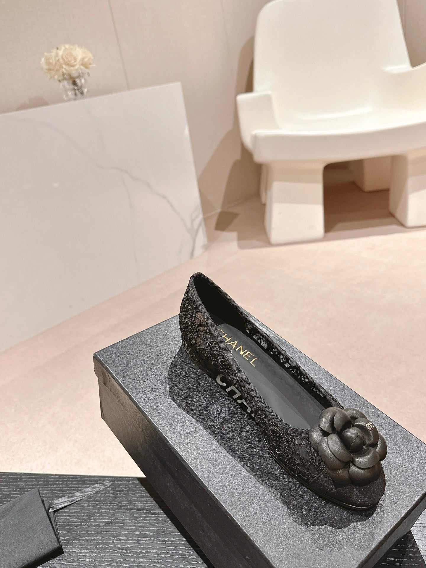 CHANEL ballet flat flower black lace fabric