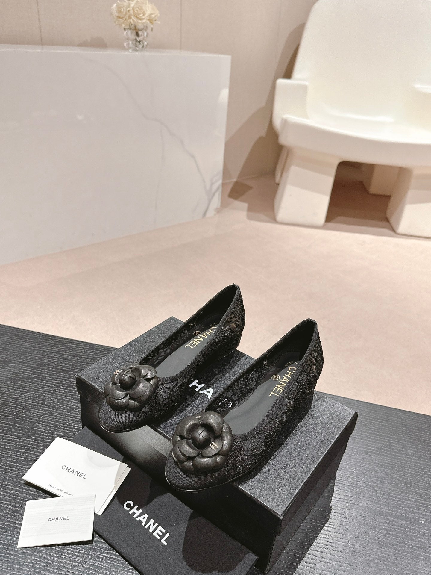 CHANEL ballet flat flower black lace fabric