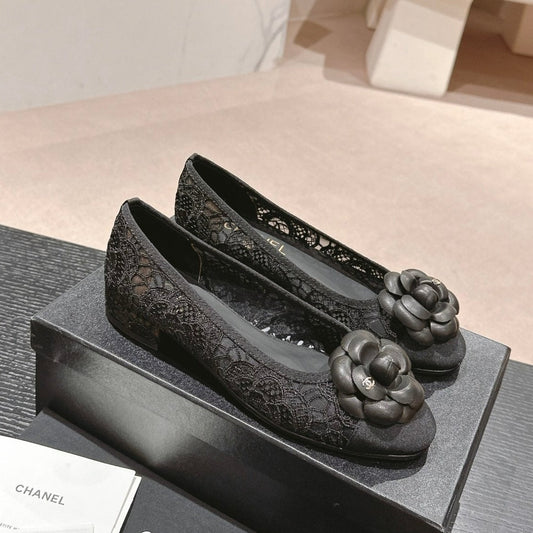 CHANEL ballet flat flower black lace fabric