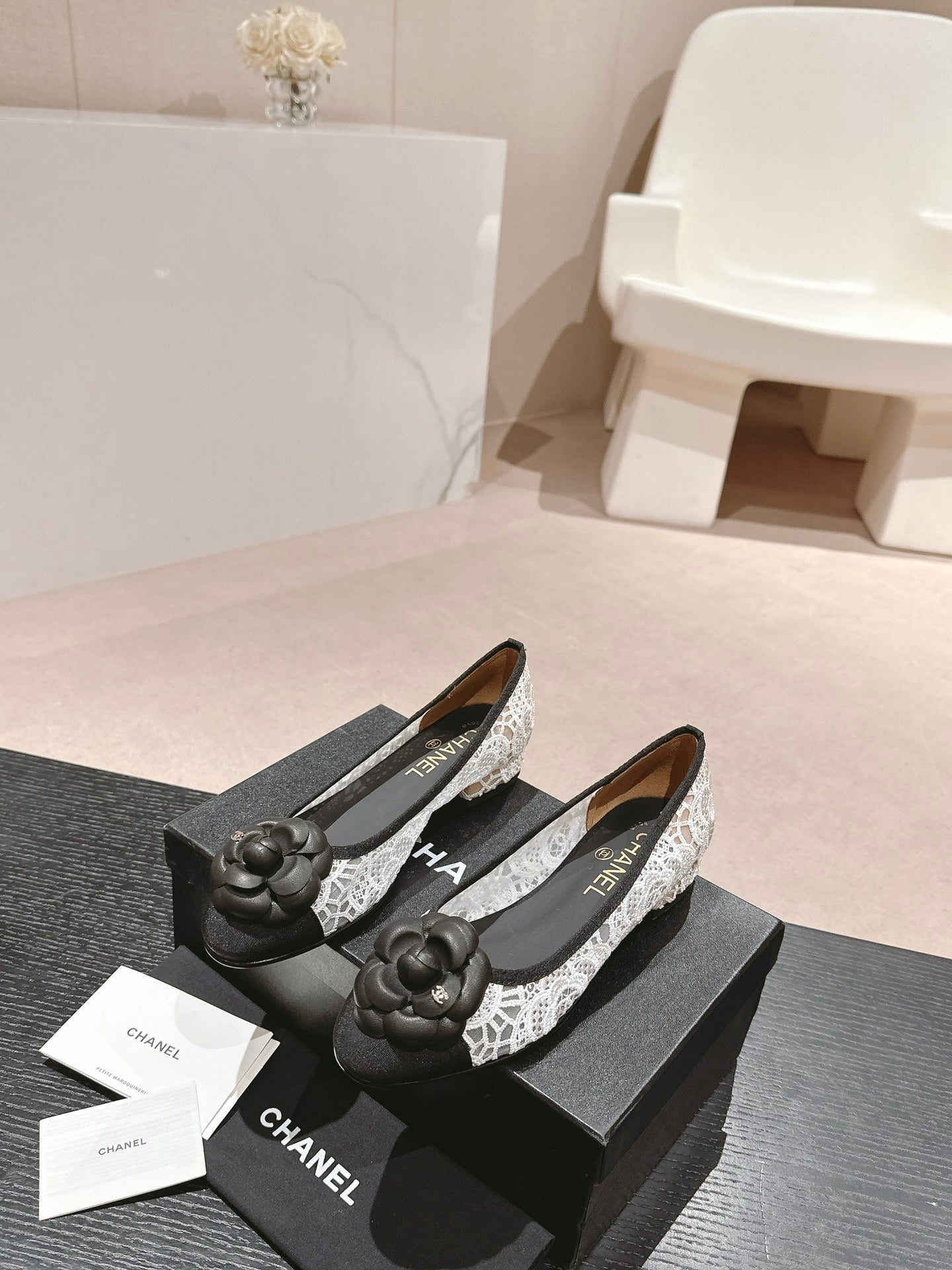 CHANEL ballet flat flower white lace fabric