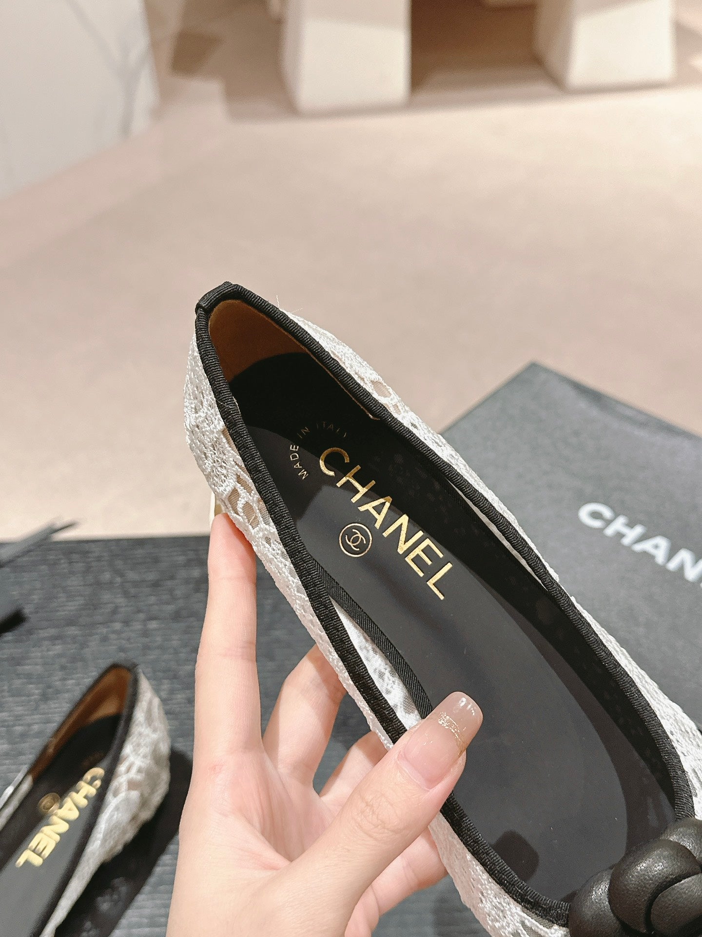 CHANEL ballet flat flower white lace fabric