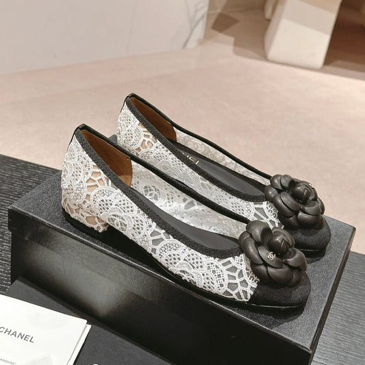 CHANEL ballet flat flower white lace fabric