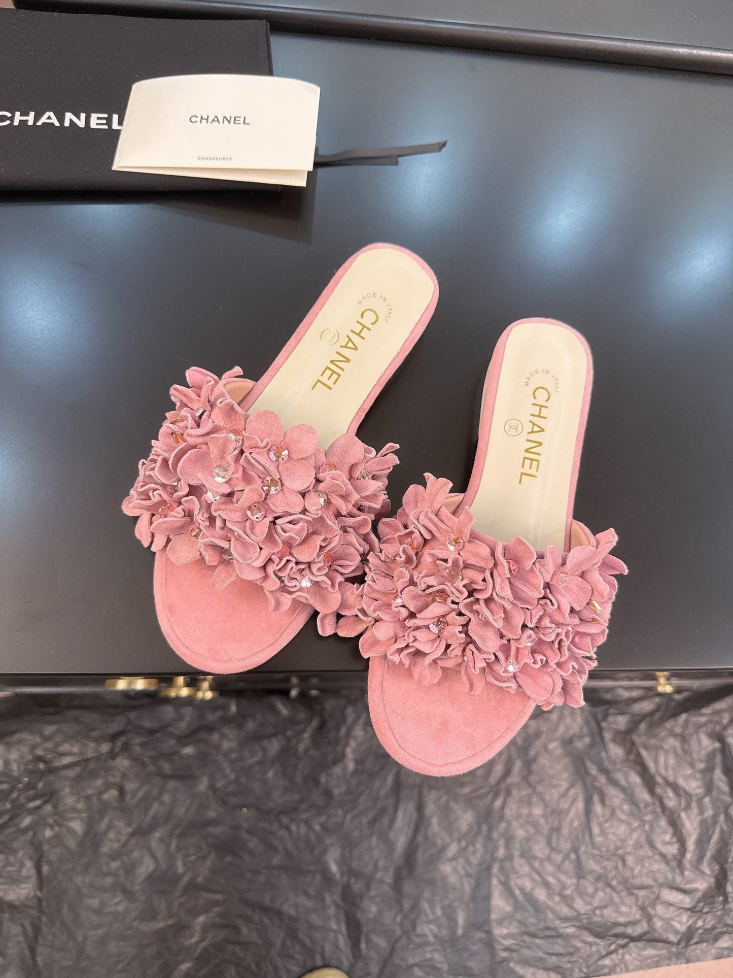 CHANEL 25C Mules Pink Suede Strass