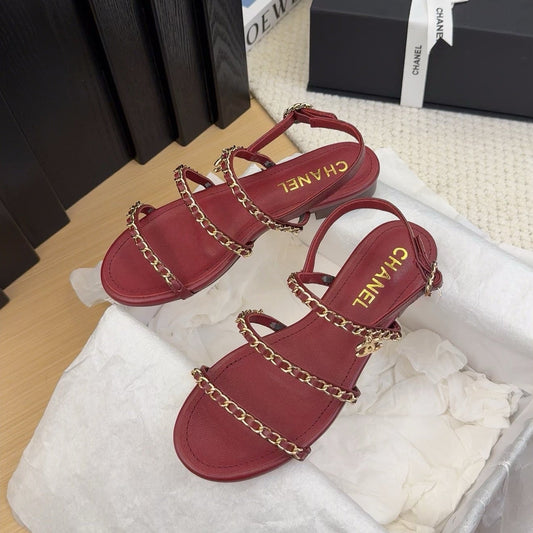 CHANEL 25S Sandal Three Leather Strap Red Calfskin