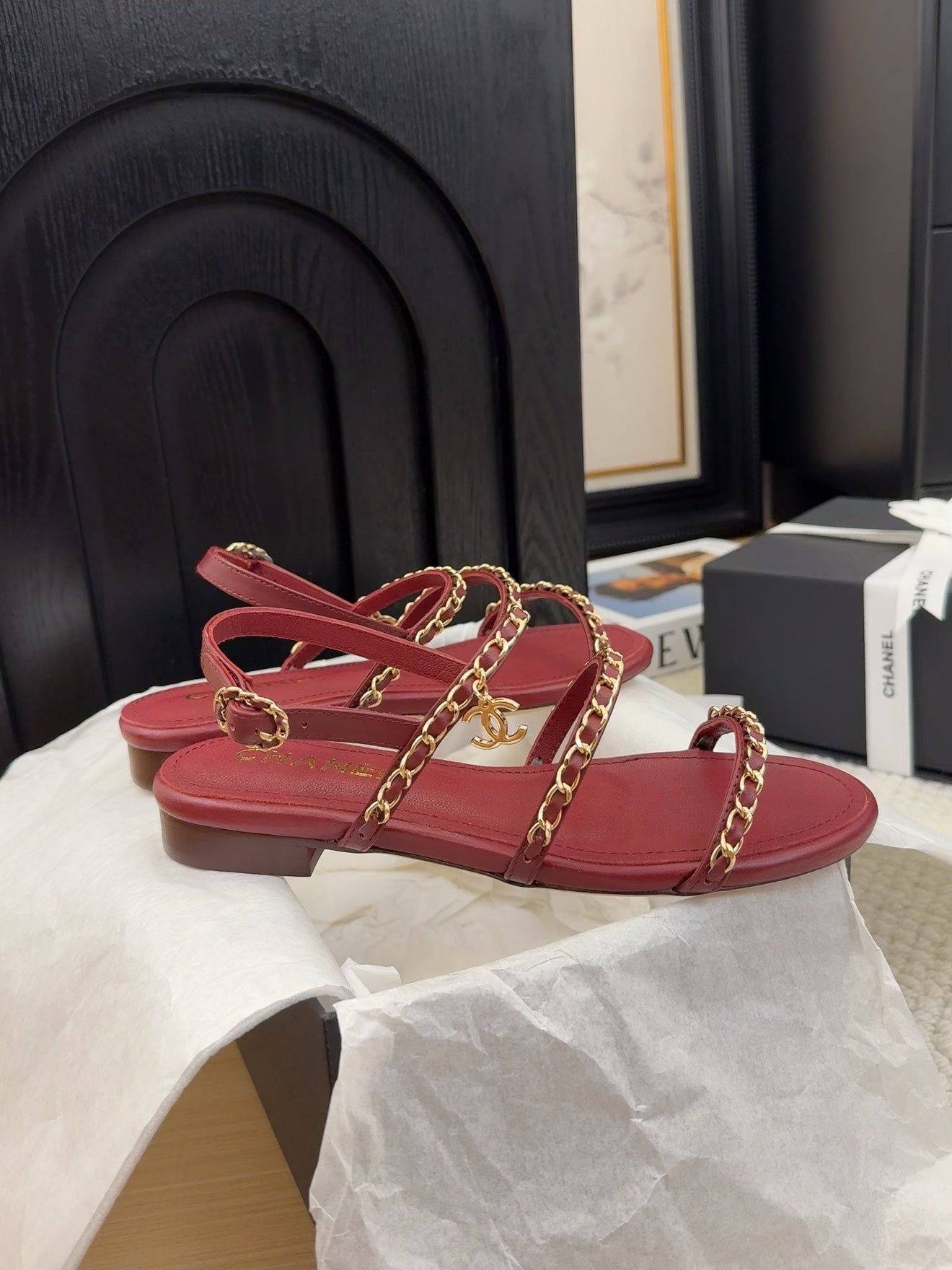 CHANEL 25S Sandal Three Leather Strap Red Calfskin