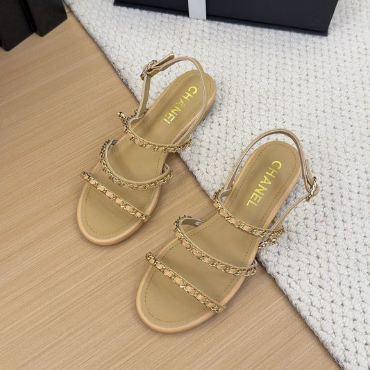 CHANEL 25S Sandal Three Leather Strap Beige Calfskin