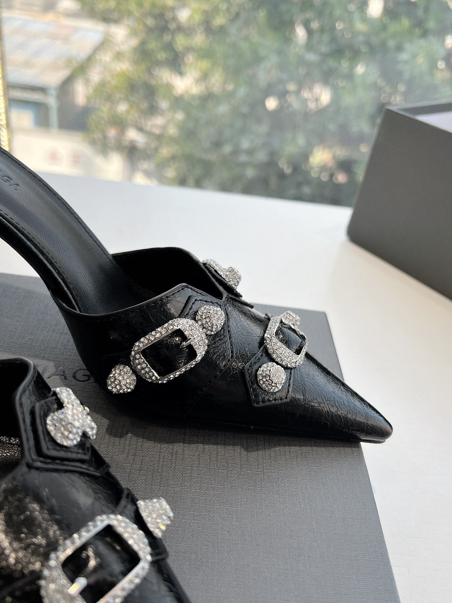 Balanciaga CRYSTAL BUCKLE BLACK WAX-OIL SHEEPSKIN HEELED MULES