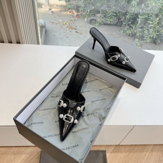 Balanciaga CRYSTAL BUCKLE BLACK WAX-OIL SHEEPSKIN HEELED MULES