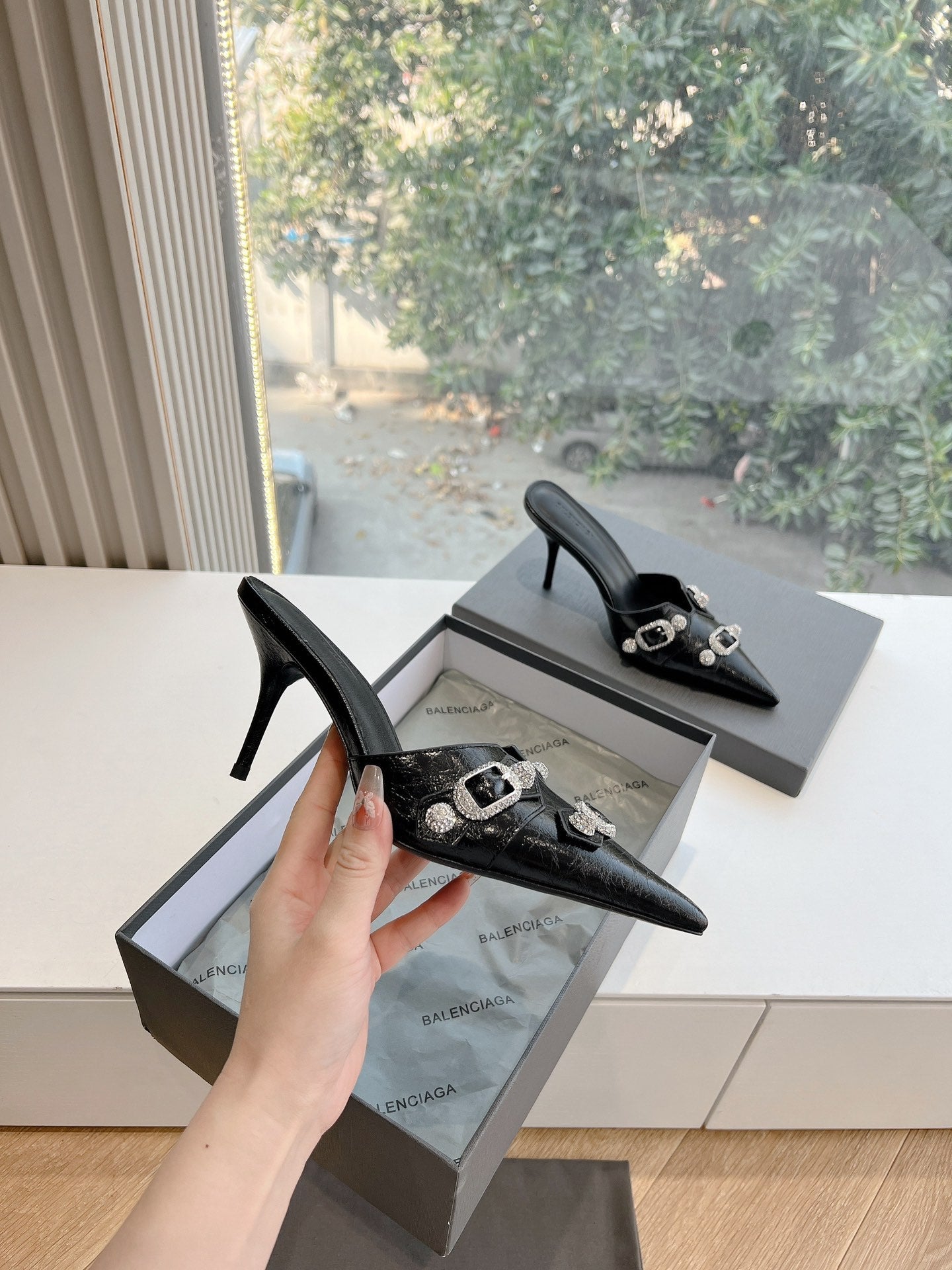 Balanciaga CRYSTAL BUCKLE BLACK WAX-OIL SHEEPSKIN HEELED MULES