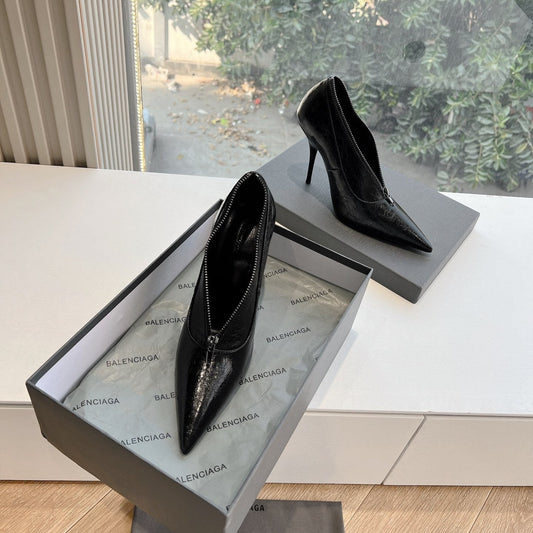 Balanciaga ZIPPER POINTED-TOE HIGH PUMPS IN BLACK WAX-OIL SHEEPSKIN