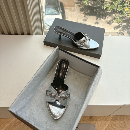 Balanciaga CAGOLE MID-HEEL MULES IN SILVER METALLIC CALFSKIN