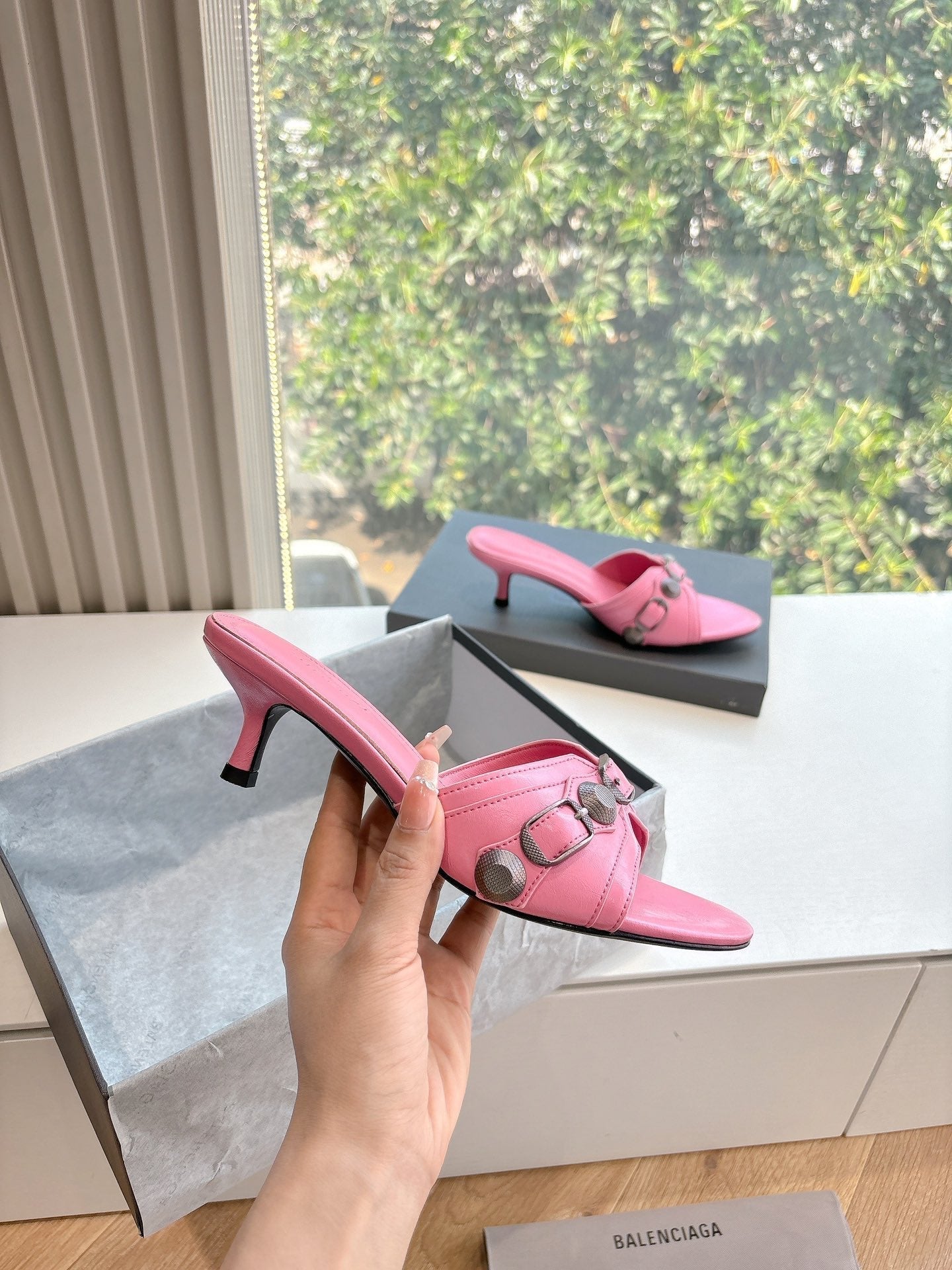 Balanciaga CAGOLE MID-HEEL MULES IN SHOCKING PINK CALFSKIN