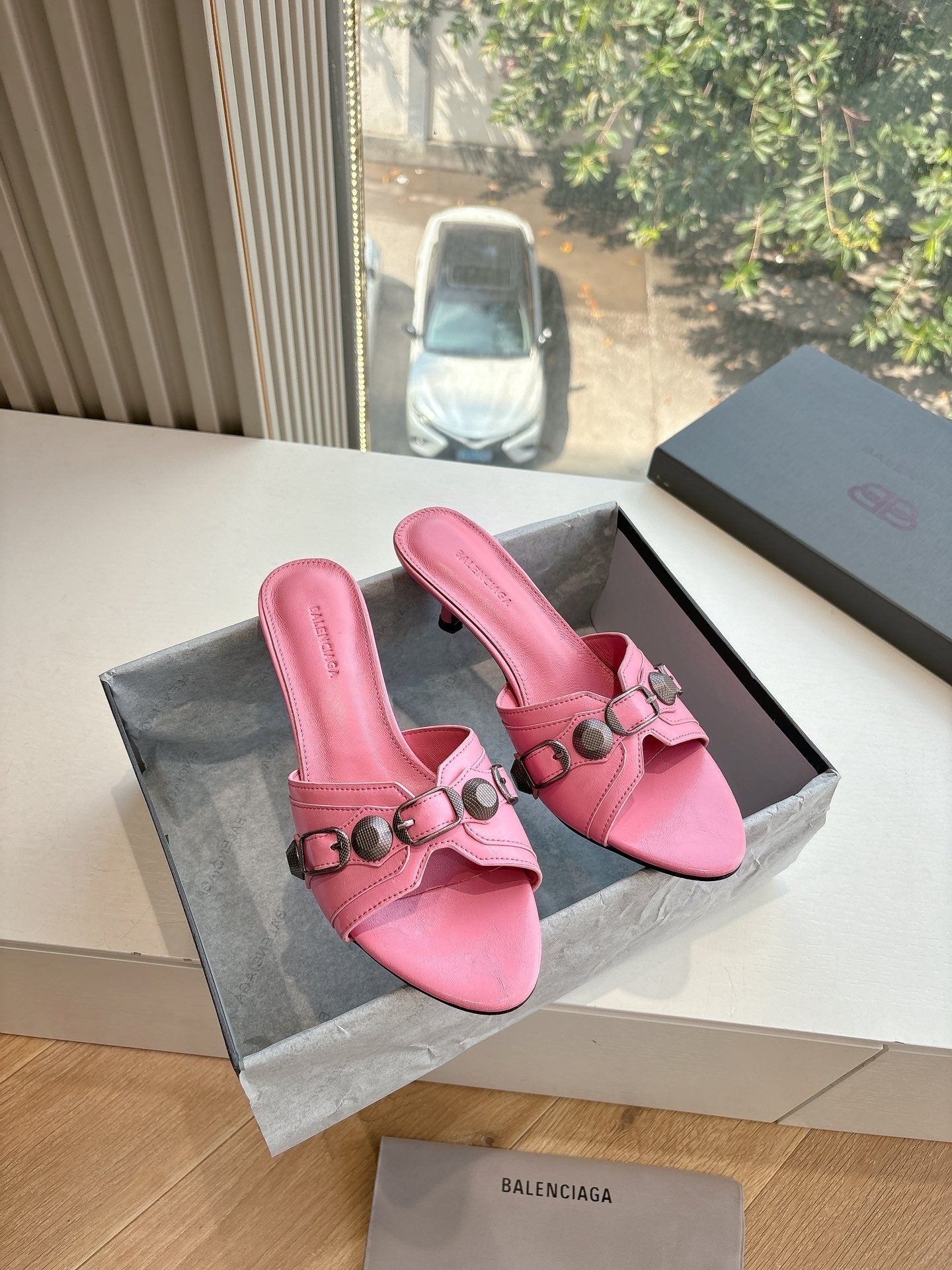 Balanciaga CAGOLE MID-HEEL MULES IN SHOCKING PINK CALFSKIN