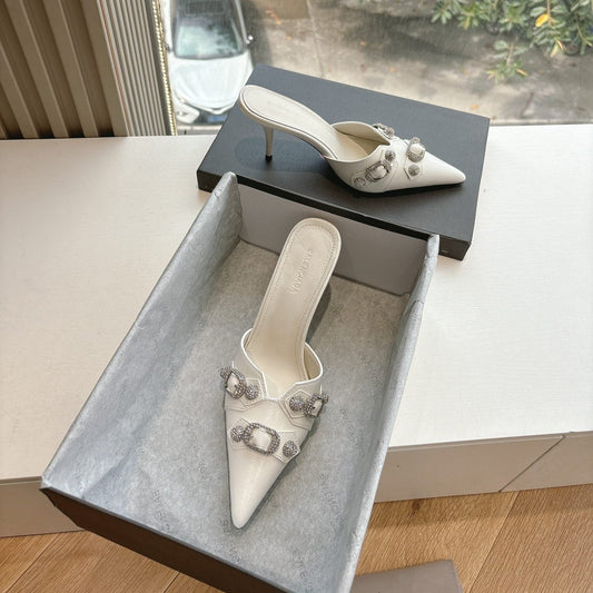 Balanciaga CRYSTAL BUCKLE WHITE CALFSKIN HEELED MULES