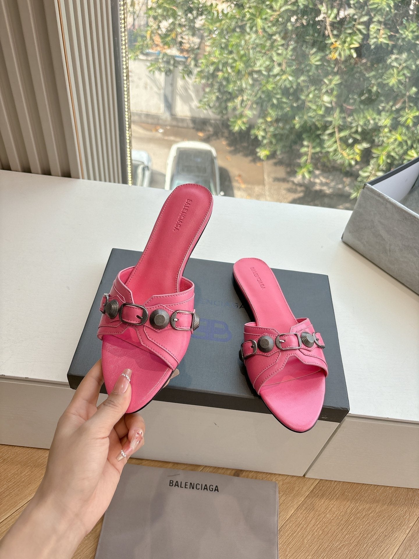 Balanciaga CAGOLE FLAT MULES IN FRENCH PINK CALFSKIN