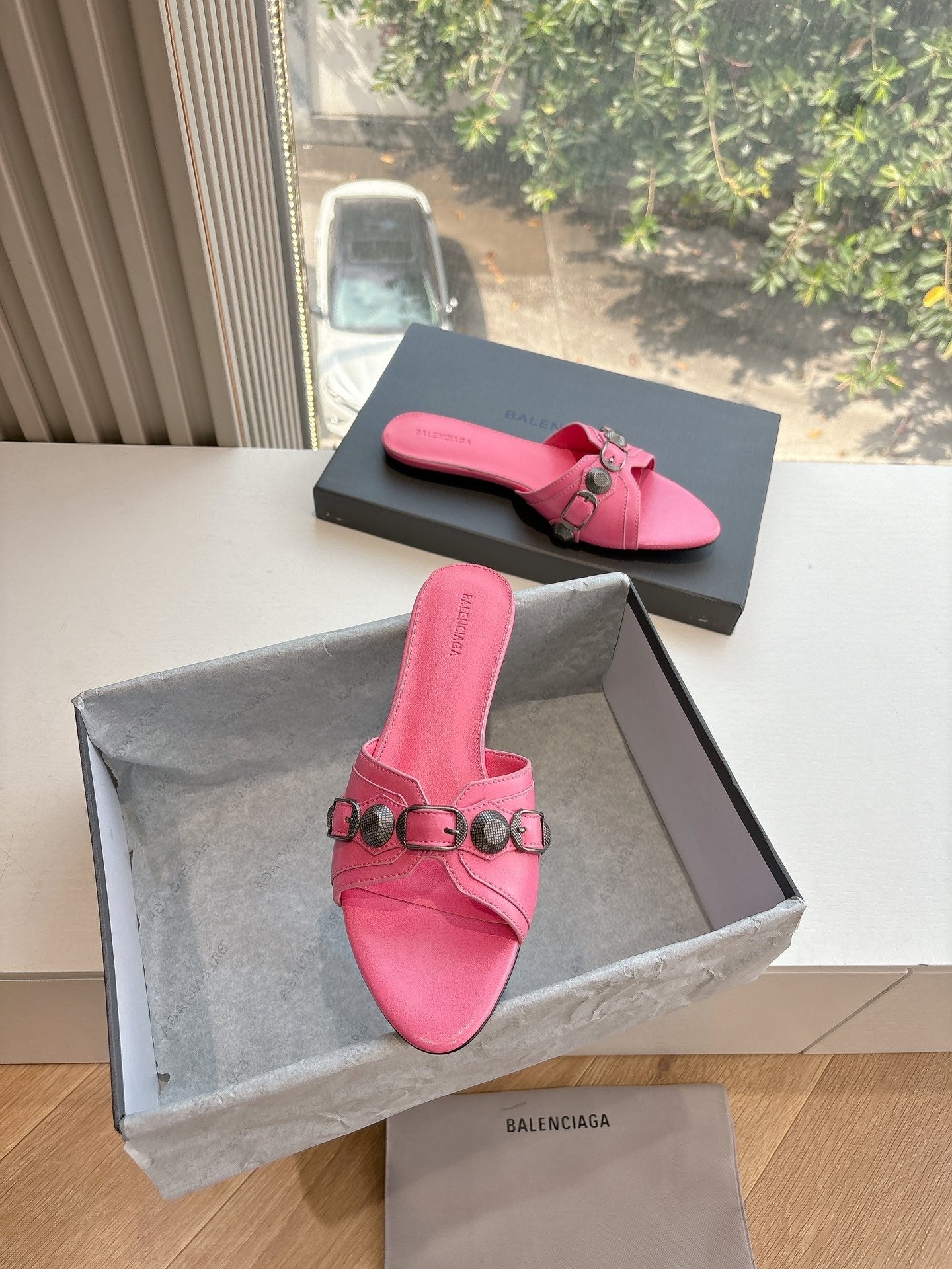 Balanciaga CAGOLE FLAT MULES IN FRENCH PINK CALFSKIN