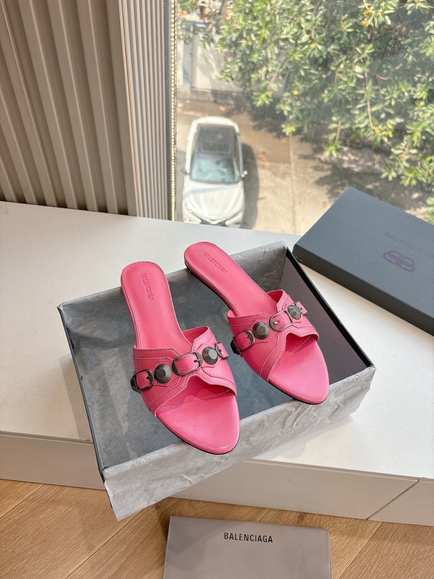 Balanciaga CAGOLE FLAT MULES IN FRENCH PINK CALFSKIN