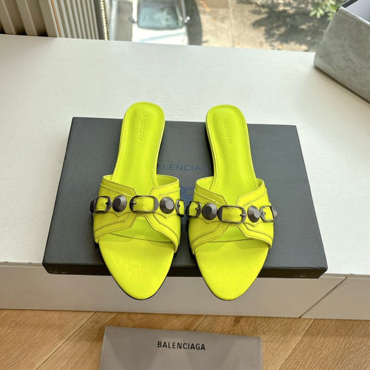 Balanciaga CAGOLE FLAT MULES IN LIME YELLOW CALFSKIN